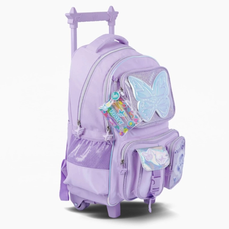 Mochila Escolar Footy 2026 Glow Fly Lila 18" con carro Art.F26341
